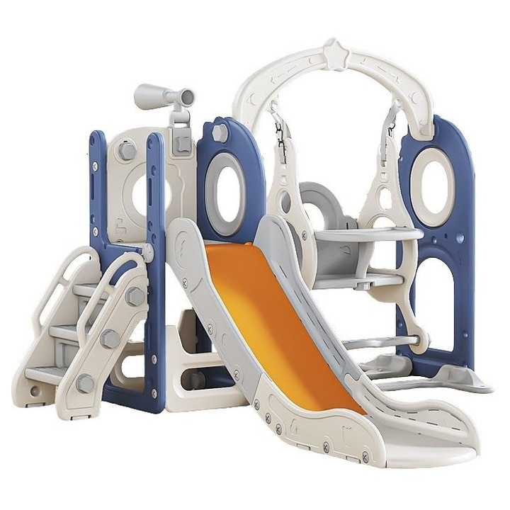 Spatiu de joaca pentru copii Nichiduta Garden blue/white, de interior/exterior, Leagan muzical cu masuta, tobogan, treptele de acces, balustrade laterale de sustinere, 150 x 170 x 110 cm