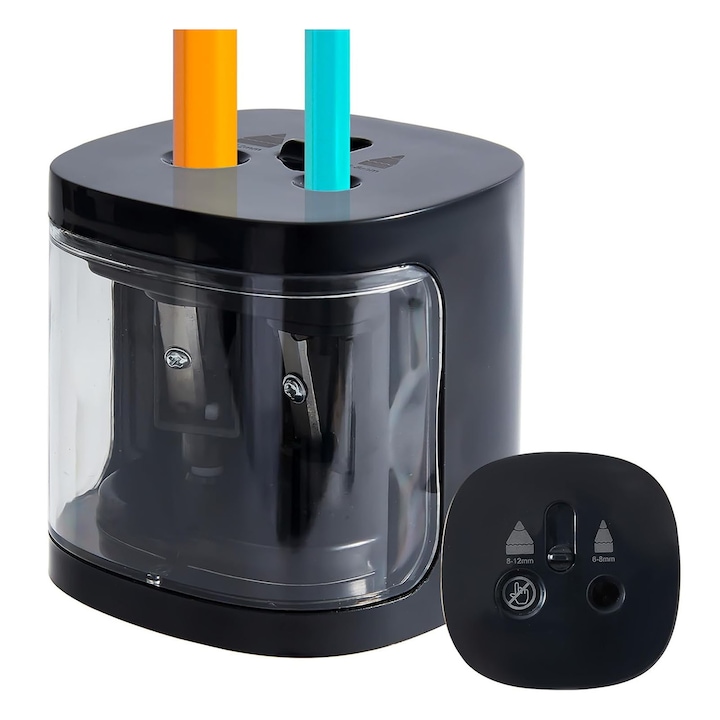 Ascutitoare electrica dubla pentru creioane, AFKSMILE, Doua dimensiuni, Cu 2 suporturi de cutite de schimb, Pentru creionul de 6-12mm, Indiferent de forma creionului, Usor de transportat si de utilizat, 8*8*8.3cm, Plastic, Neagra