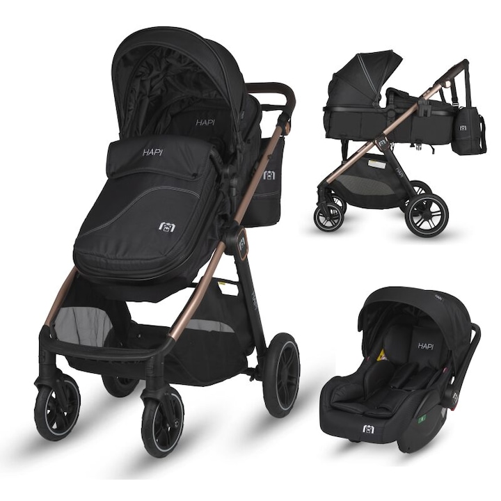 Carucior transformabil 3 in 1 Coccolle Hapi Soley, Cadru aluminiu, Roti mari, Suspensie, Cos auto iSize, Geanta mama, Husa picioruse, Plasa insecte, Jet Black