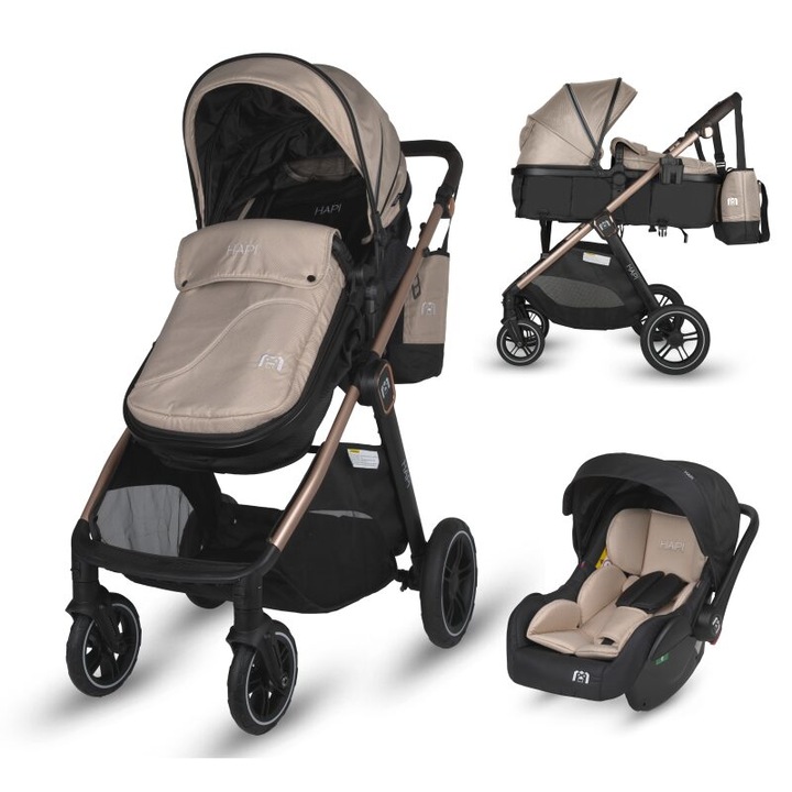 Carucior transformabil 3 in 1 Coccolle Hapi Soley, Cadru aluminiu, Roti mari, Suspensie, Cos auto iSize, Geanta mama, Husa picioruse, Plasa insecte, Simply Taupe