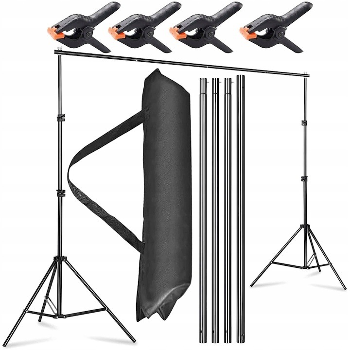 Suport portabil pentru fundal foto, kit complet cu 2 trepiede reglabile, bara transversala modulara si cleme, husa transport inclusa, ideal pentru studio si exterior