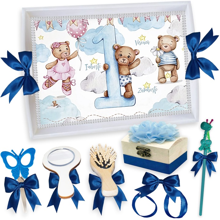 Set Tava pentru Taiere Mot si Rupere Turta Complet cu Accesorii Lorebebe pentru baieti, 7 Piese, Tavita Mot Alba, Model Primul anisor, 32x24 cm, Prima Aniversare Un An, Cadou Un An, Albastru