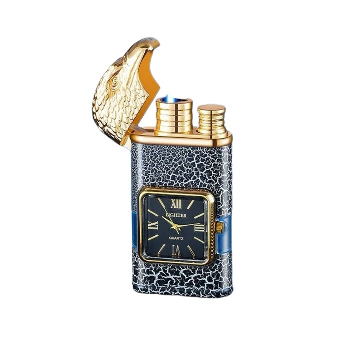 Bricheta cu ceas, 2 in 1, cu gaz, dublu foc, Vultur, culoare alb/negru/auriu