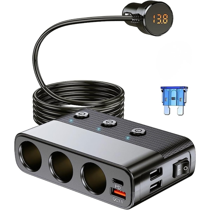 Адаптер за автомобилна запалка с бързо зареждане 128W, 3x гнезда за кола 12V, USB QC3.0, USB TYPE C, 2X USB, 3 x независими превключвателя, предпазител, мониторинг на напрежението