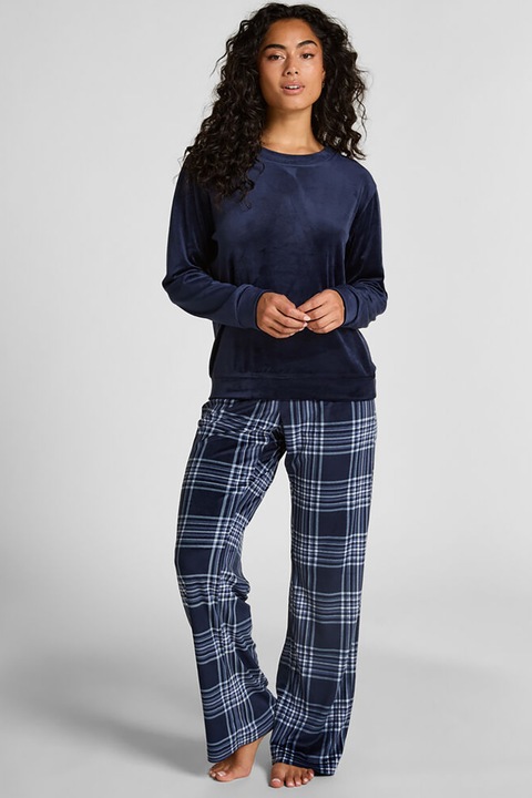 Hunkemoller, Дълга кадифена пижама, Бял/Тъмносин