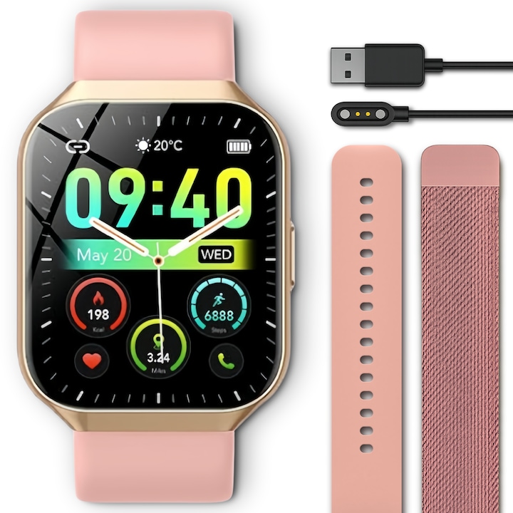 Смарт часовник Дамски TechONE® VitaSense Pro, 1.96 инча SUPER AMOLED, Метален, Интелигентен, Фитнес, Спорт, HD Bluetooth разговори, Мулти спорт, Мултиточков пулс, SpO2, Кръвно налягане, Кислород, Сън, Метален корпус, 2 каишки, IP68, Android / iOS, Златен