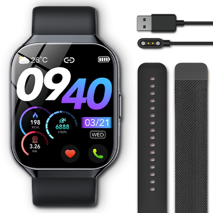 Смарт часовник Мъжки TechONE® VitaSense Pro, 1.96 инча SUPER AMOLED, Метален, Интелигентен, Фитнес, Спорт, HD Bluetooth повикване, Мулти спорт, 2 каишки, IP68, Android / iOS, Черен