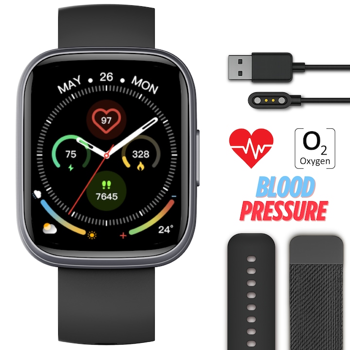 Смарт часовник Мъжки TechONE CardioX Elite, 1.95 инча SUPER AMOLED, Метален, Интелигентен, Фитнес, Спорт, HD Bluetooth разговор, Мулти Спорт, Многоточков пулс, SpO2, Кръвно налягане, Кислород, Сън, Метален корпус, 2 каишки, IP68, Android / iOS, Черен