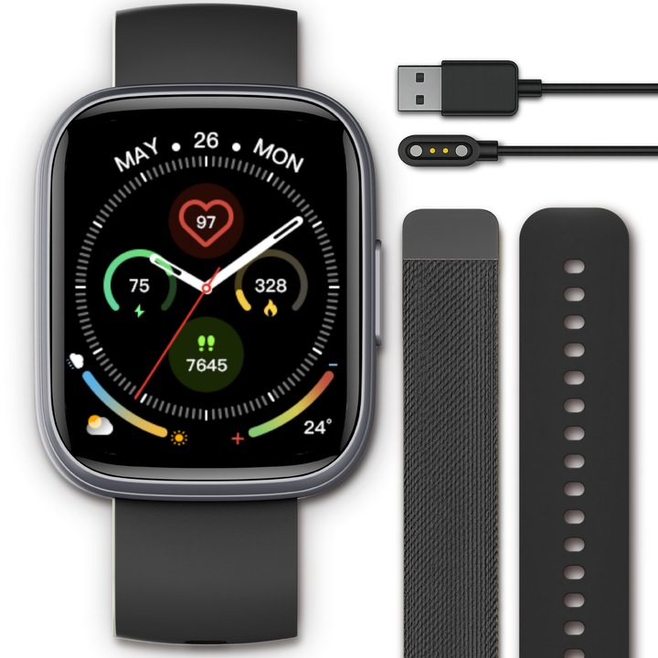 Смарт часовник Мъжки TechONE® CardioX Elite, 1.95 инча SUPER AMOLED, Метален, Интелигентен, Фитнес, Спорт, HD Bluetooth разговор, Мулти Спорт, Многоточков пулс, SpO2, Кръвно налягане, Кислород, Сън, Метален корпус, 2 каишки, IP68, Android / iOS, Черен