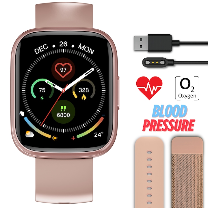 Női okosóra, TechONE® CardioX Elite, 1,95 hüvelykes SUPER AMOLED, fém, intelligens, fitnesz, sport, HD Bluetooth hívás, multi sport, többpontos pulzusmérés, SpO2, vérnyomás, oxigén, alvás, fémház, 2 szíj, IP68, Android / iOS, arany