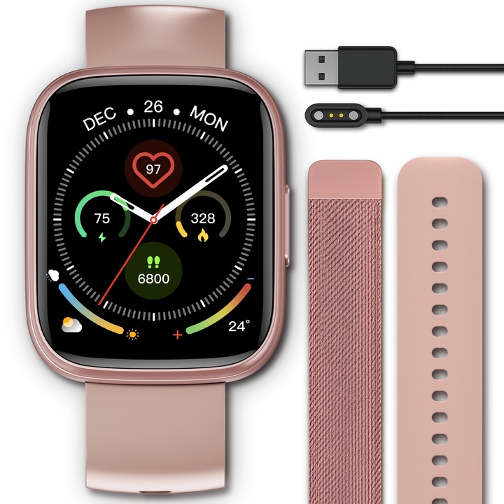 Смарт часовник за жени TechONE® CardioX Elite, 1.95 инча SUPER AMOLED, метален, интелигентен, фитнес, спорт, HD Bluetooth разговор, мултиспорт, 2 каишки, IP68, Android / iOS, златен