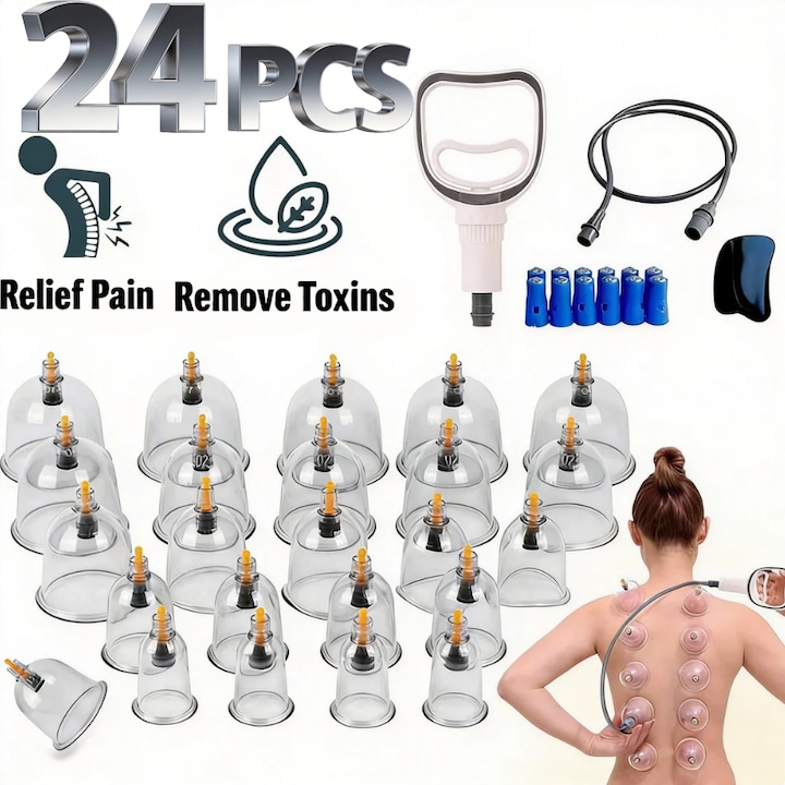 Set de 24 ventuze pentru masaj, Tressino, Seturi profesionale de butelii cu vid, 24 ventuze terapeutice pentru detoxifiere si relaxare musculara, Robust, usor de utilizat, Promoveaza circulatia sanguina, Alina durerea si relaxarea