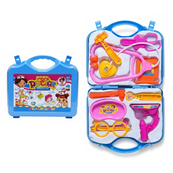 Set Jucarie Trusa Doctor Pentru Copii, Valiza Din Plastic, 12 Piese, Stetoscos Lumios Si Accesorii Medicale, Culoare Albastru Si Roz