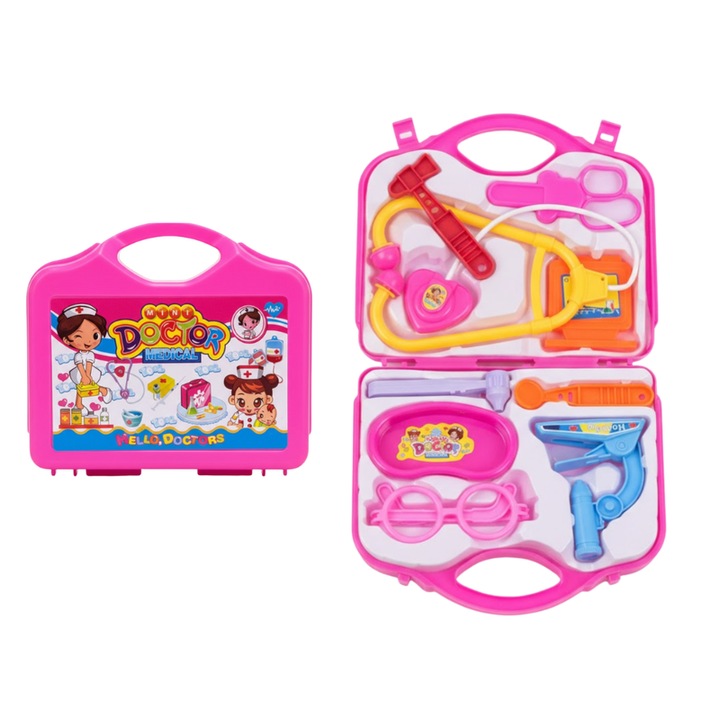 Set Jucarie Trusa Doctor Pentru Copii, Valiza Din Plastic, Stetoscos Lumios Si Accesorii Medicale, Culoare Roz Si Galben