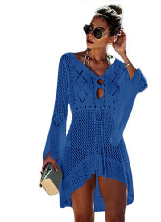 Rochie de plaja dama, Esther Beauty®, Cover-up cu maneci evazate Sexy, Decolteu in V, Snur de talie reglabil, material poliester, One Size INTL, Albastru