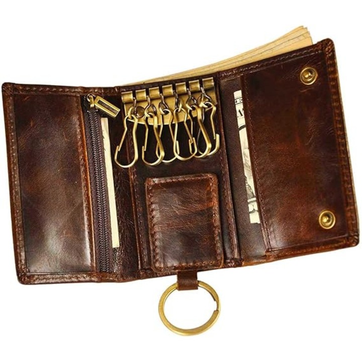 Husa pentru chei auto din piele naturala pentru barbati, cu catarama inelara si inchidere cu capsa