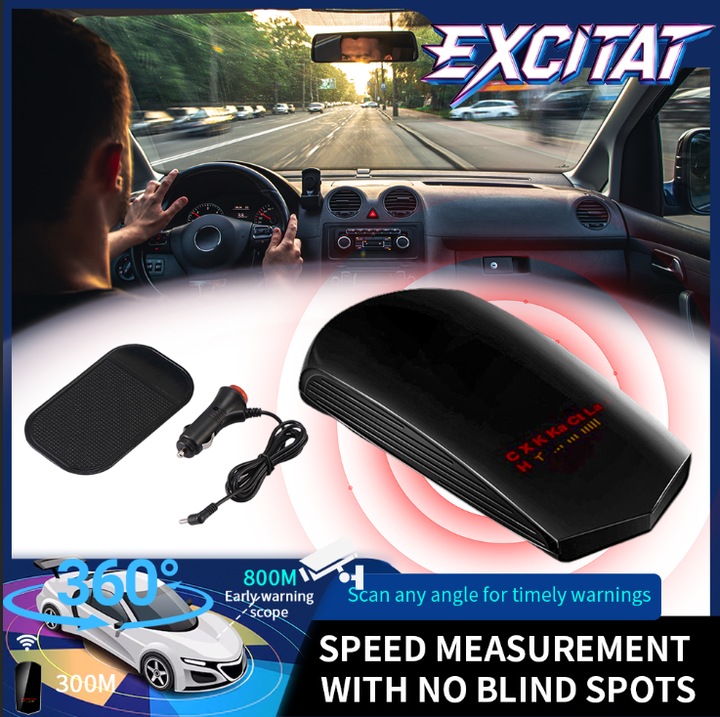 Excitat®，V3Detector radar, 360 Degree Automatic Car Monitoring, ，sistem de alerta de viteza a vehiculului in timp realfiltrare alarme false, alerta vocala pentru viteza, mod autostrada/urban, memorie automata silentioasa