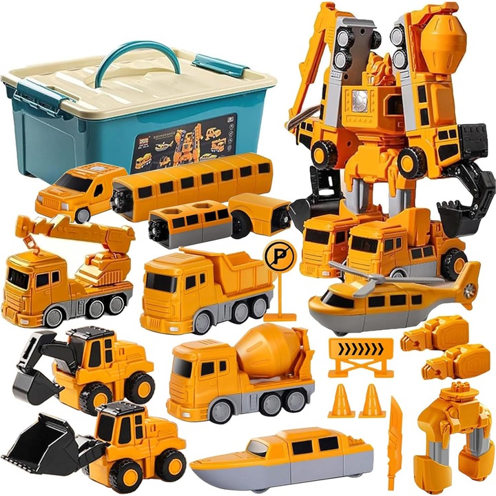 Set Jucarii asamblate cu masini de constructii cu transformabil magnetica, 7 in 1, jucarie cu blocuri magnetice robot, Joc educativ pentru copii cu cutie de depozitare