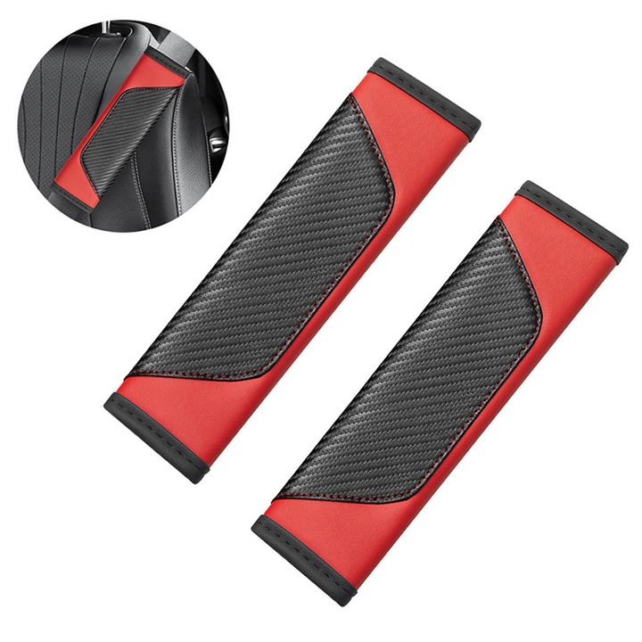 Set 2 protectii Centura Siguranta DUAIU, Carbon Fibra, Negru-Rosu, Usor de Montat