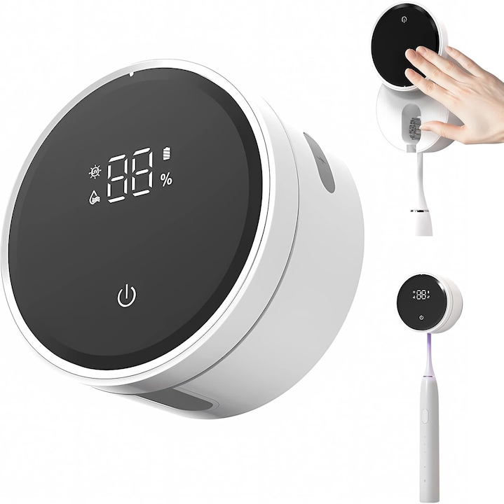 Hordozható UV sterilizátor, szárító és sterilizáló funkció, 99.99%-os fertőtlenítési hatékonyság, adatkábel, fúrásmentes telepítés, fehér