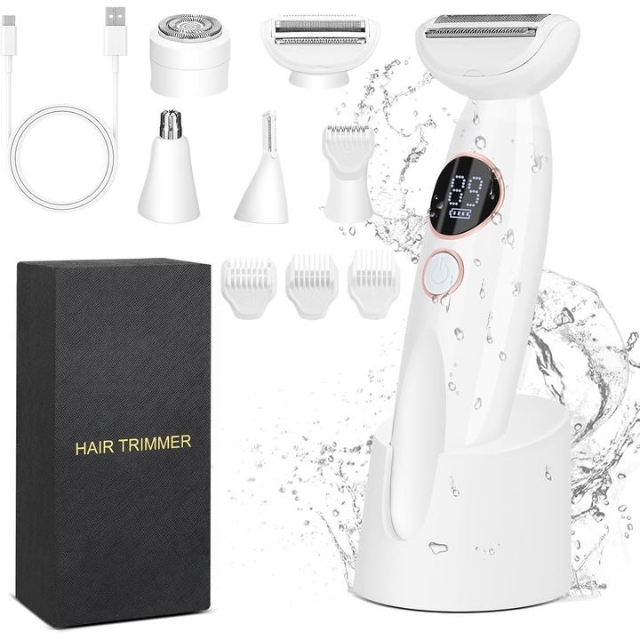 Epilator electric, 5 in 1, Cu afisaj, incarcare USB, impermeabil IPX7, 7 accesorii, utilizare fara fir, opti-light, ABS, Argintiu