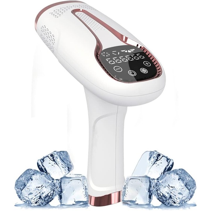 Epilator IPL, Cu ecran tactil, Pentru epilare definitiva fara durere, Tehnologie IPL, 5 Trepte de intensitate, 999.999 impulsuri, Pentru femei si barbati, fata, corp, axila, inghinal, Senzor piele, Alb