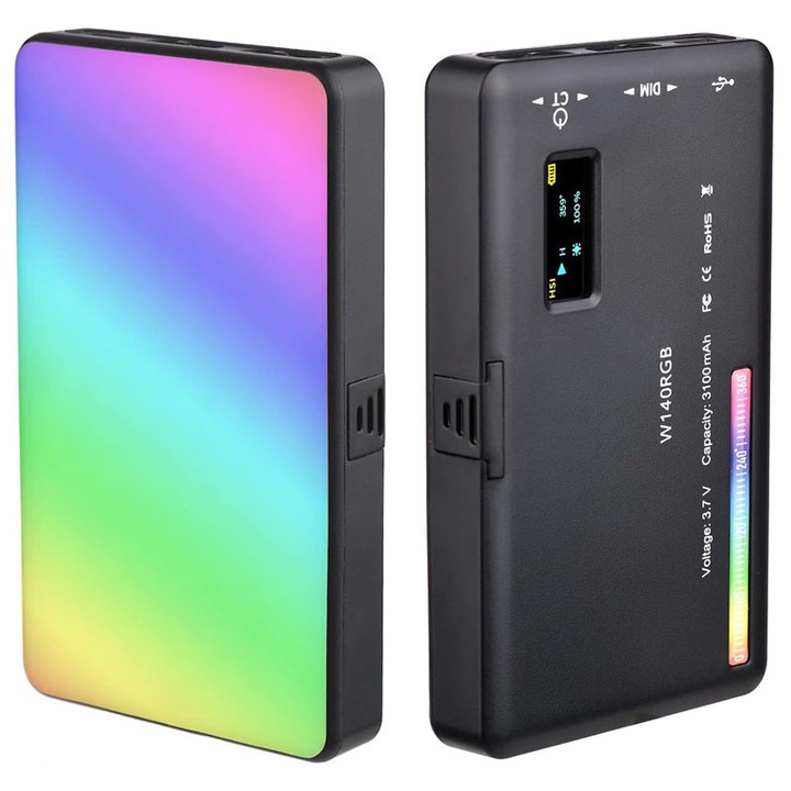 Lumina video RGB LED W140, Duueyct, 20 efecte de lumina, temperatura de culoare 2500K-9000K, 3100mAh, HSI Control, CRI 95+, Pentru Aparat Foto, Camera Video, GoPro, Telefon, Slot Incarcare USB Tip C, Negru