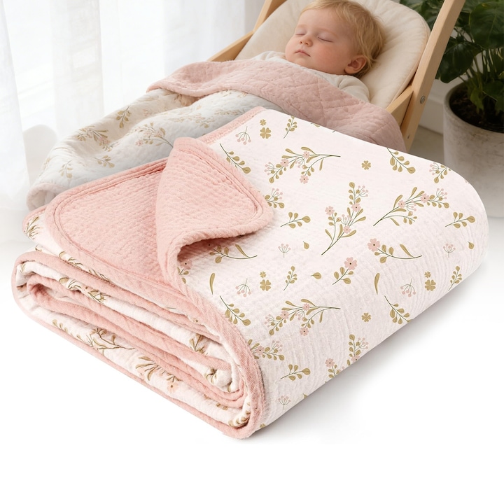 Paturica pentru Bebelusi, BYONDSELF®, 102*92cm, din Muselina 6 Straturi, Bumbac 100%, Moale si confortabila, Roz