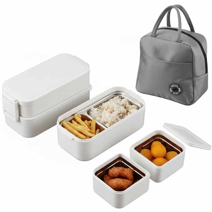 Set Caserole Inox, 800ml, 2 straturi, Alb Mat, Geanta Termoizolanta Inclusa, Caserola Alimentara, Rezistenta, Lavabila in Masina de Spalat Vase, Lunch-Box, Mentine Mancarea Calda/Rece