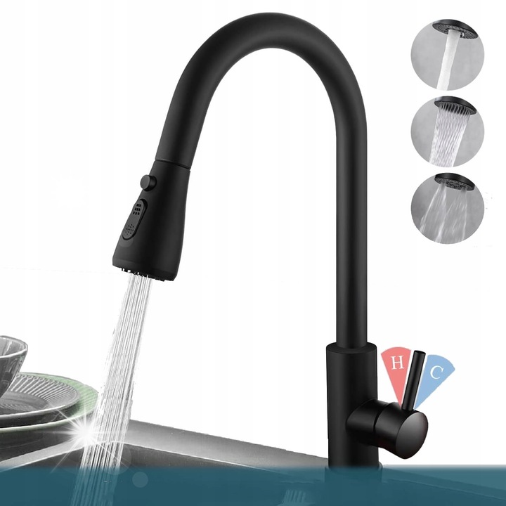 Konyhai csaptelep kihúzható szórófejjel, 3 mód, fekete, rozsdamentes acél, 360°