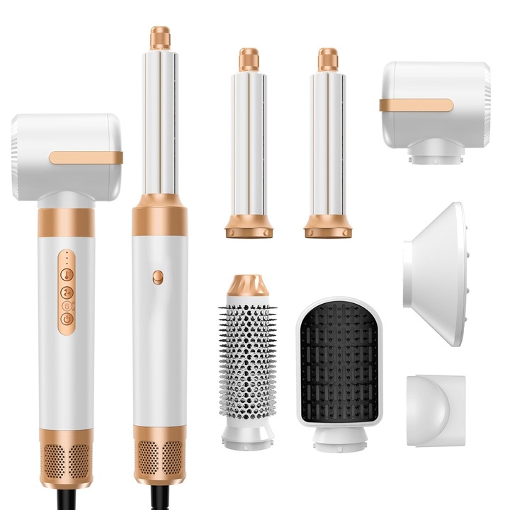 Set perie de par electrica 7 in 1, alb, uscare, indreptare, ondulare