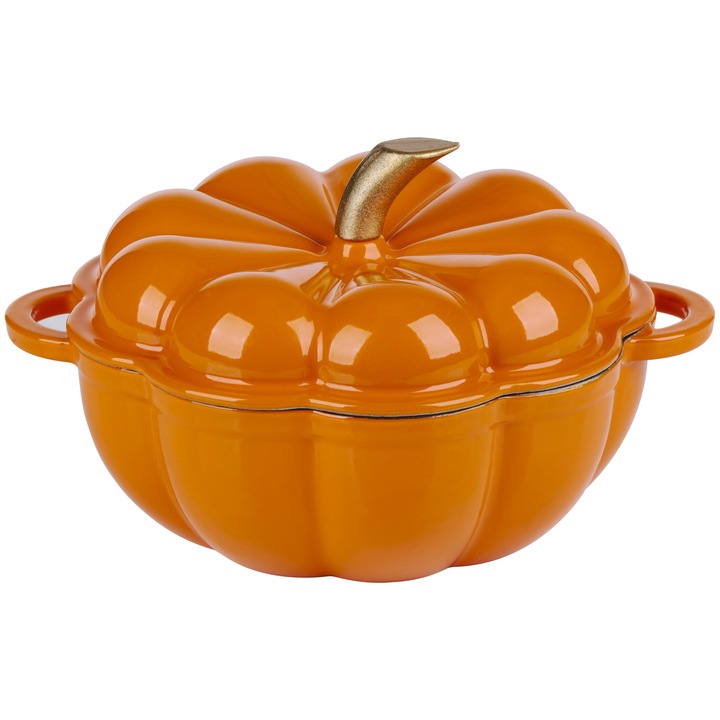 Чугунена тенджера с капак, Alpina, Модел Тиква, 1.7 литра, 20 х 7.6 см, оранжева