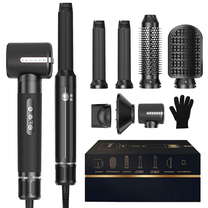 Set perie de par electrica 7 in 1, cu uscator de par si ondulator, negru, 100-120V