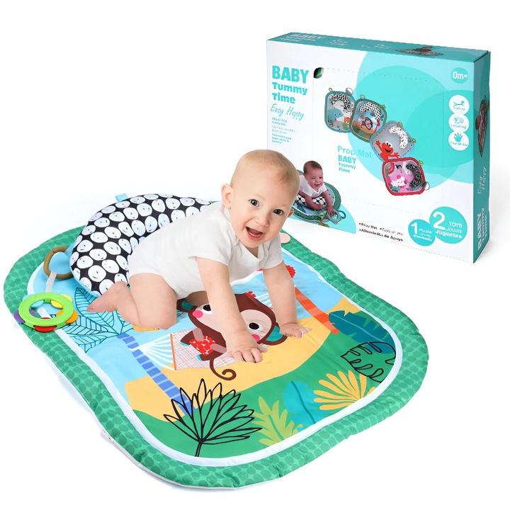 Covoras Educational „Tummy Time” pentru Bebelusi cu Perna de Sustinere – 0+ luni, Design Jungla, 65.5×53.5 cm