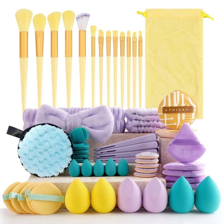 Set de pensule de machiaj profesional, 55 piese, culori macaron, multifunctional