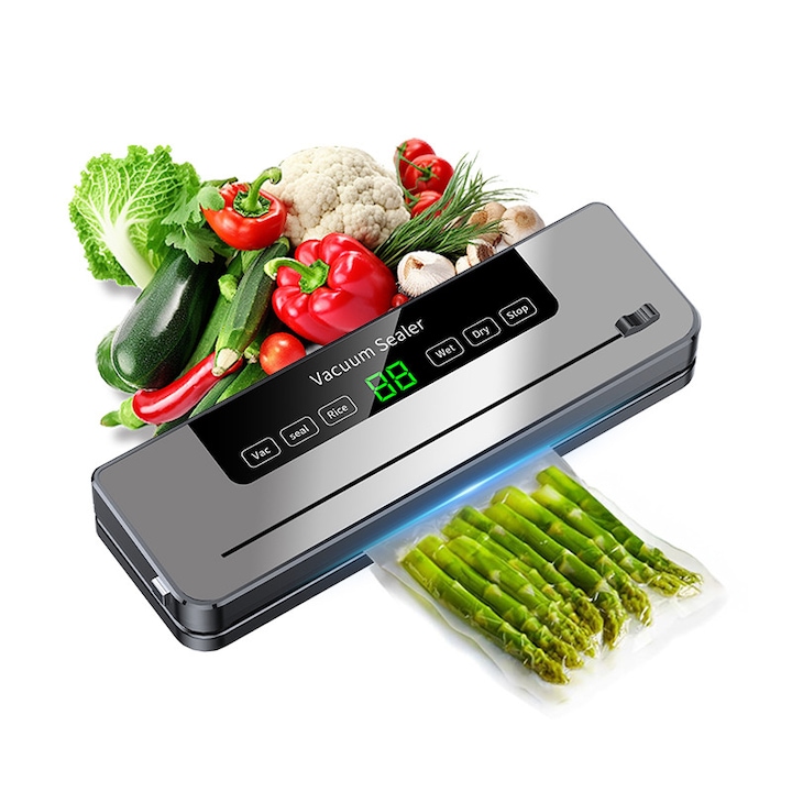 Aparat de vidat si sigilat NEXTRONIX, 120W, 65 kpa, 5 Functii vidare, Panou tactil, 30 cm bara de lipire, Cutter Incorporat, cu 10 Pungi 20x30cm, Functie de vidare Automata, Gri