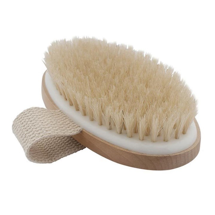 Perie de masaj pentru exfoliere si periaj uscat, cu peri naturali din agave, pentru curatarea porilor, stimularea circulatiei si relaxare, 12.5 x 6.5 x 3.5 cm, maro