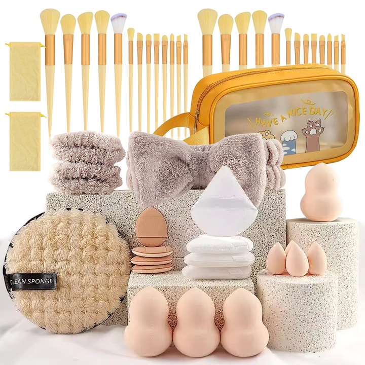 Set profesional de pensule de machiaj, 49 piese, galben, aplicatoare, bureti, pufuri de pudra, banda pentru cap