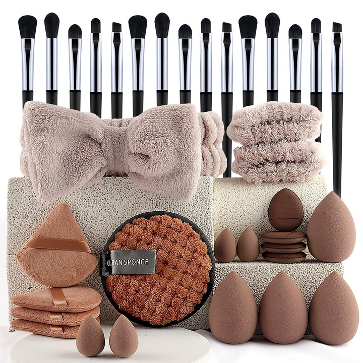 Set profesional de pensule de machiaj, 40 de unelte, inclusiv bureti si puff-uri, multicolor