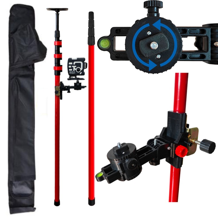 Teleszkópos rúd lézeres szintezőhöz, 1/4″ menettel, maximális magasság 3 m, 360°-os forgatás