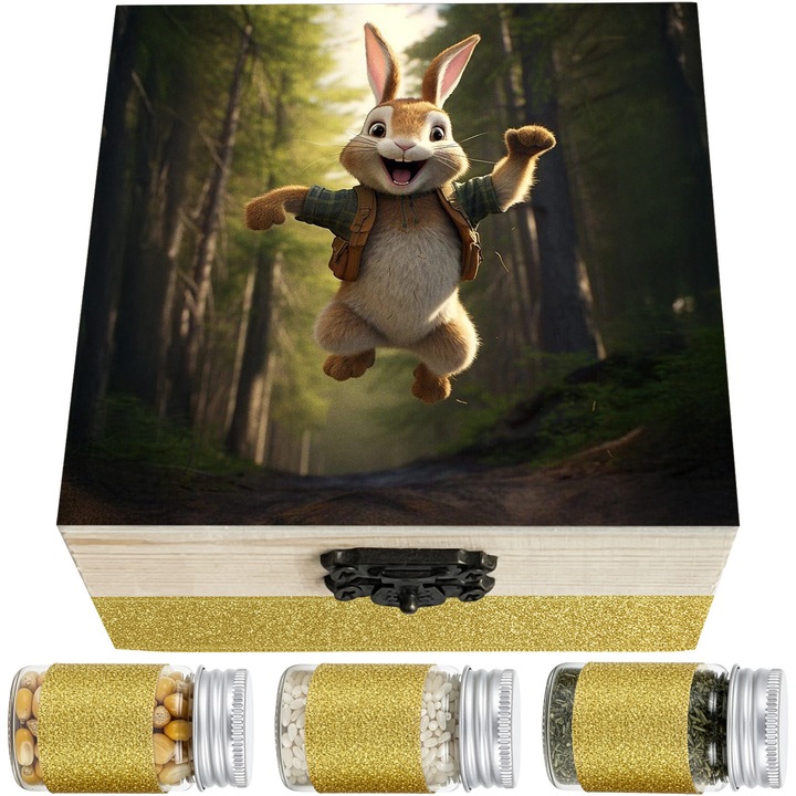 Set Cadou Prima Baita cu Nasii LoreBebe, Cutie lemn cu 10 ingrediente simbolice pentru scoaterea din mir, Cadou Botez, Model Iepure Padure