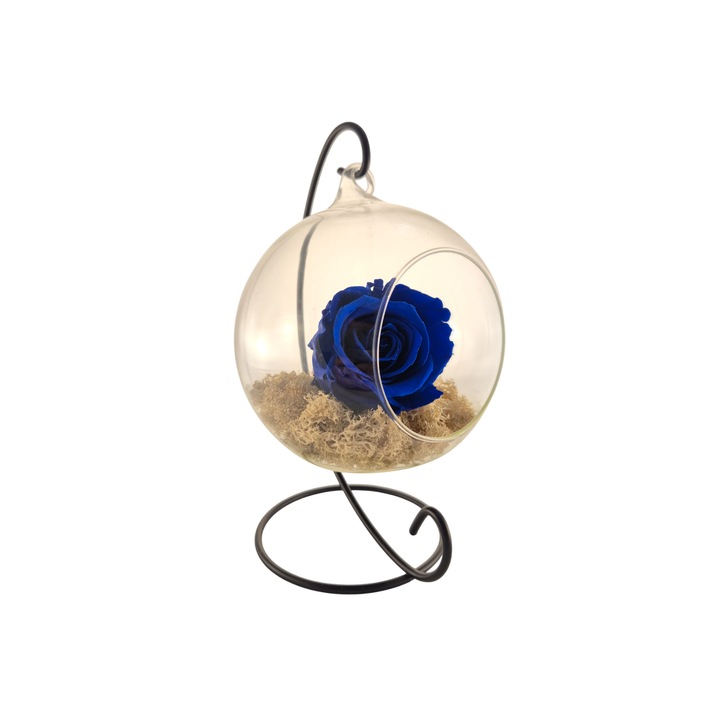 Glob din sticla suspendat cu trandafir criogenat Albastru si licheni Alb Natural, 20x12cm, FloraVelle