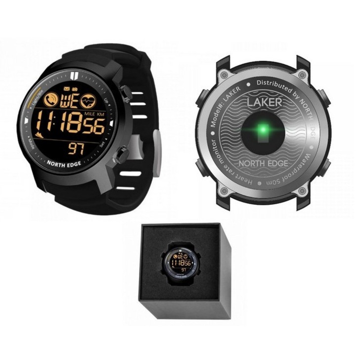 Ceas barbatesc Militar North Edge Laker SkyTechs® carcasa 44 mm control stare de sanatate reamintire rezistenta la apa 5 ATM, Step Counter, Bluetooth 5.0 display FSTN