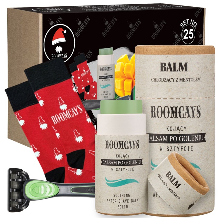 Set cadou pentru barbati, ROOMCAYS, Multi Box, Pentru Sarbatori, Balsam, Aparat de ras, Sosete, Cadou gata de oferit