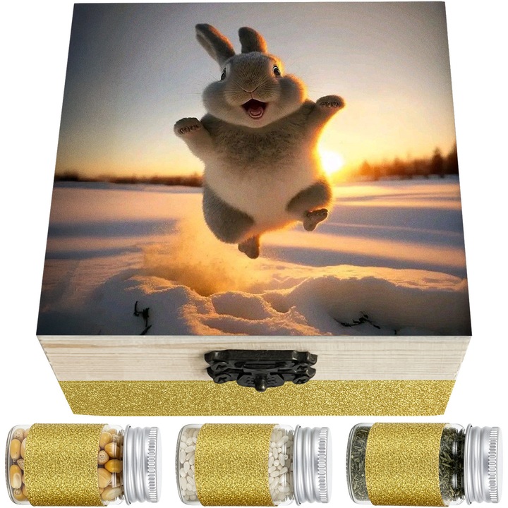 Set Cadou Prima Baita cu Nasii LoreBebe, Cutie lemn cu 10 ingrediente simbolice pentru scoaterea din mir, Cadou Botez, Model Iepure Zapada