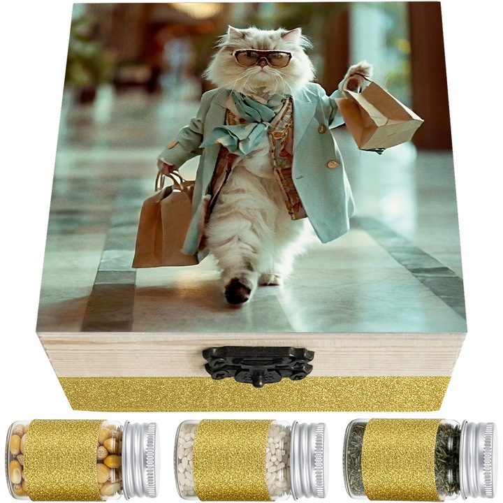 Set Cadou Prima Baita cu Nasii LoreBebe, Cutie lemn cu 10 ingrediente simbolice pentru scoaterea din mir, Cadou Botez, Model Pisica Shopping