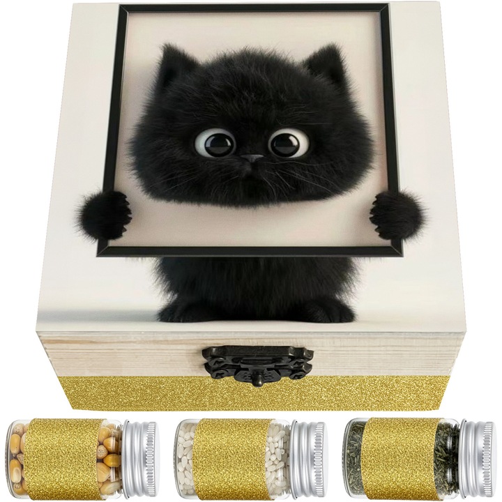 Set Cadou Prima Baita cu Nasii LoreBebe, Cutie lemn cu 10 ingrediente simbolice pentru scoaterea din mir, Cadou Botez, Model Pisica Neagra