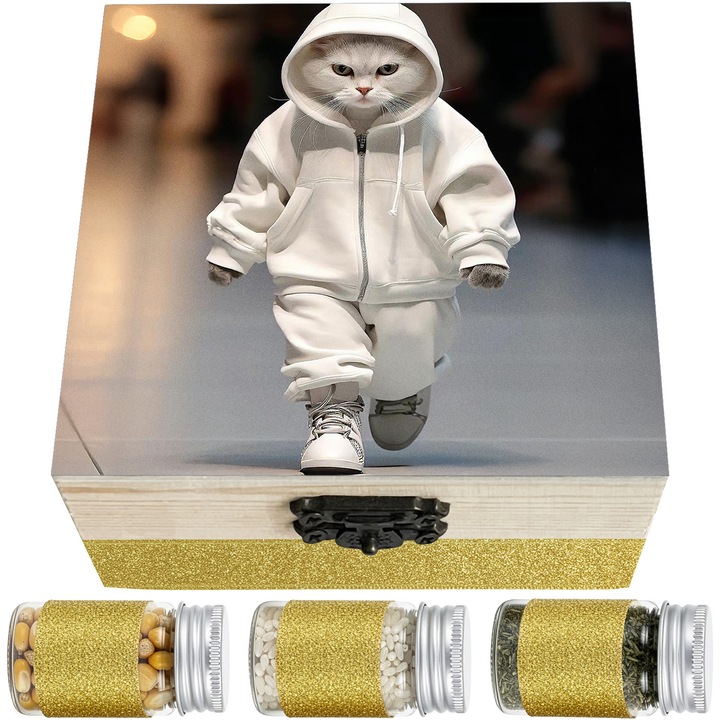 Set Cadou Prima Baita cu Nasii LoreBebe, Cutie lemn cu 10 ingrediente simbolice pentru scoaterea din mir, Cadou Botez, Model Pisica Trening