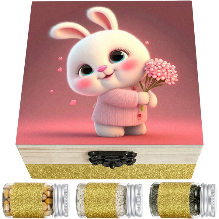 Set Cadou Prima Baita cu Nasii LoreBebe, Cutie lemn cu 10 ingrediente simbolice pentru scoaterea din mir, Cadou Botez, Model Iepuras Flori