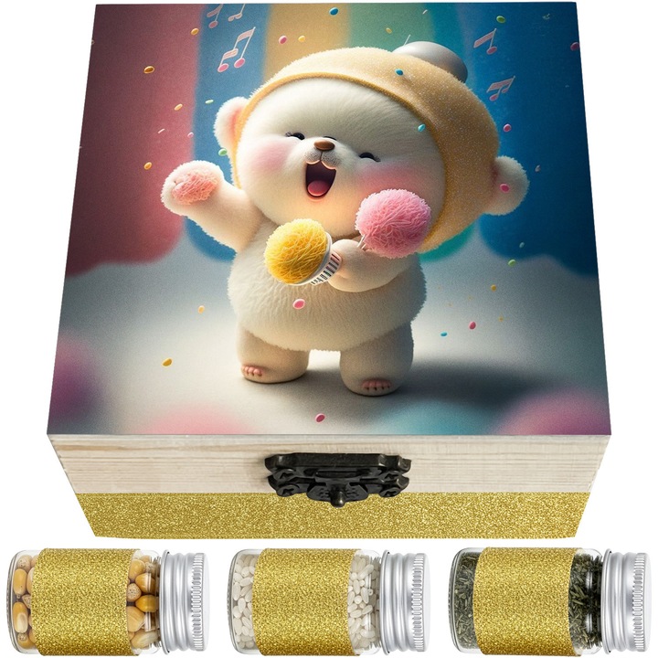 Set Cadou Prima Baita cu Nasii LoreBebe, Cutie lemn cu 10 ingrediente simbolice pentru scoaterea din mir, Cadou Botez, Model Urs Muzica